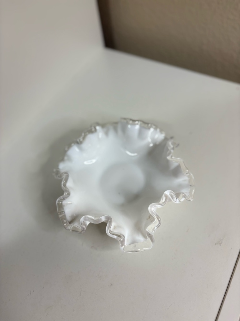 Vintage Fenton Silver Crest Milk Glass Ruffled Bowl 5” Candy Dish